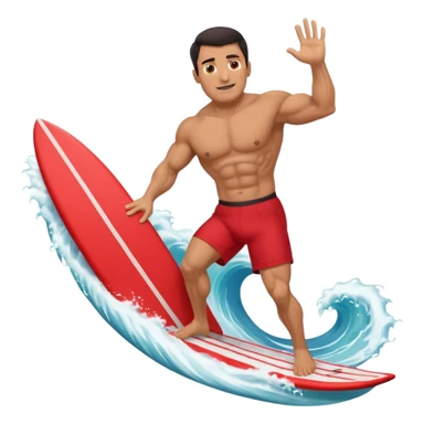 50 year old, muscular, dark haired, tan, red shorts man riding a big wave sticker