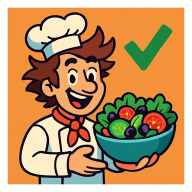 a guy with wild brown hair wearing a chef's hat, offering a salad, with a green check mark next to him, clean modern illustration style sticker