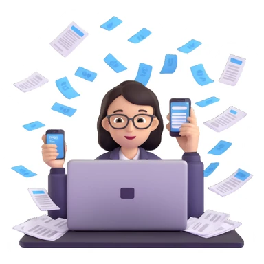 person holding a phone in one hand, laptop open in front, storm of receipts, invoices, and reminders swirling around, multitasking chaos sticker