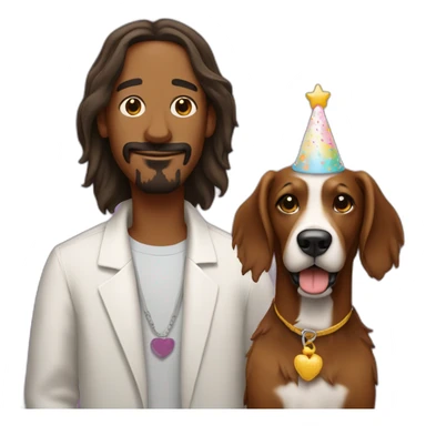 Snoop dog with a shaggy brown dog. He has a birthday cake sticker