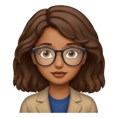 brown girl with wavy  shoulder length hair. glasses, sticker