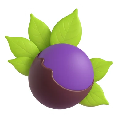 glossy realistic emoji-style açaí berry bonbon, shiny deep purple berry, bottom half dipped in dark chocolate, small natural green leaf on top, no face, clean modern emoji icon with realistic details sticker