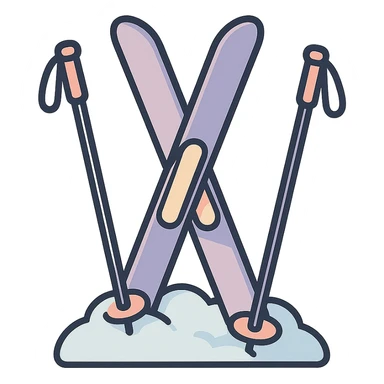 cross-country skis and poles on the sides, all stuck at an angle into a snowdrift, detailed shading, thin clean outlines, soft rounded features, pastel palette #98B5BC #B5B3C1 #C9A3C9 #E4C0CA #F7DCD1 #F7C0AA, Japanese pop art, sticker look, highly detailed, vector clarity, soft lighting, subtle shadows, transparent background sticker