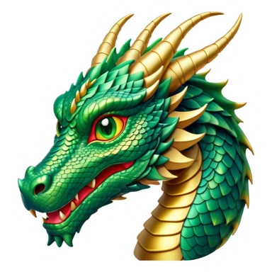 Cinematic Noble Dragon Portrait Emoji, Poised and majestic, with a sinuous, elongated body covered in intricately detailed, shimmering scales in hues of emerald and gold, and piercing, fiery eyes that reflect ancient wisdom; rendered with lifelike texture and natural highlights, high shine, intelligent and formidable, styled with an aura of mythic power, focused and attentive, soft glowing outline, capturing the essence of a legendary dragon that appears ready to soar out of the screen with timeless authority! sticker