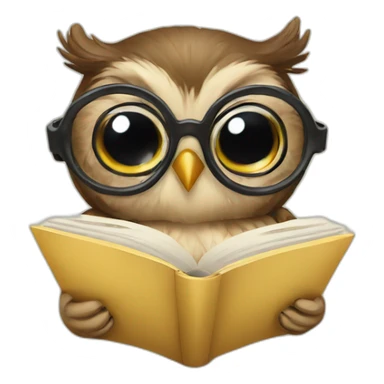 a baby owl with glasses, reading a book sticker