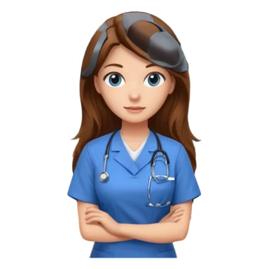 inside a classroom at university that says nursing school on the board with a pretty female nursing student with long brown hair, blue eyes sticker