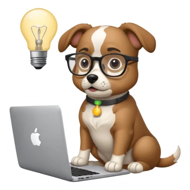 Like a cartoon (make it an intelligent dog with glasses) working with a computer (macbook, showing the apple logo) thinking and a light bulb above his head while he thinks sticker