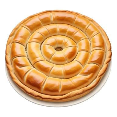 cinematic-realistic-flat burek-sa-sirom-dish-emoji,-showcasing-a-flaky-pastry-filled-with-cheese-rendered-with-crisp-textures-and-appetizing,-warm-lighting. round spiral sticker
