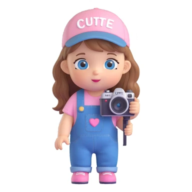 3D cartoon character design of a cute baby girl with golden brown hair, big blue eyes, pink blush, wearing denim overalls with the word 'cute' printed on her clothes, a cute hat, big head and small body, holding a camera, three-view lineup front side back sticker