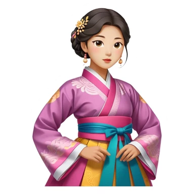 Cinematic Realistic Hanbok Emoji, depicted as a graceful intricately designed traditional Korean dress with vibrant colors and flowing lines, rendered with delicate textures and soft cultural lighting that captures its timeless elegance. sticker