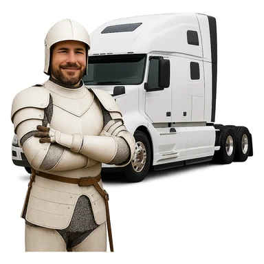 Remove the background, keep only the white knight and the 2022 white Volvo semi sleeper truck with transparent background. sticker
