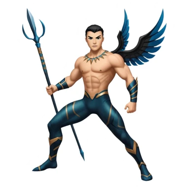 Namor from Black Panther 2, full body, action pose, holding a sharpened spear, wings at his feet sticker
