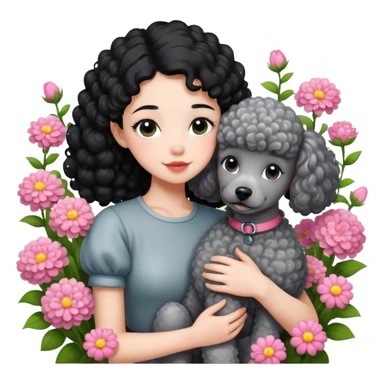 A beautiful girl with black ponytail and short sleeves happily hugs a gray curly poodle in the flowers sticker