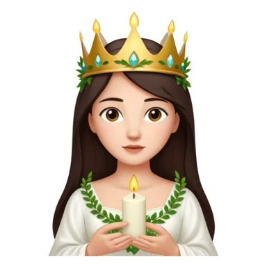  saint lucia with dark brown hair with a white gown and a crown made from greenery with candles on the crown sticker