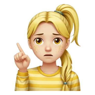 make a memoji of a girl with long ponytail, yellow striped shirt, with face full of pimples acting sad while pointing at its face sticker