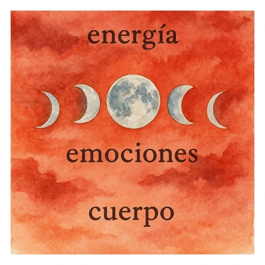 moon in motion in a red sky, words 'energía', 'emociones', 'cuerpo' in the image, watercolor style sticker