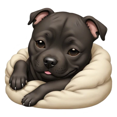 Meme-Worthy Cute Sleeping Black/Brindle Staffordshire Bull Terrier Portrait Emoji, Head resting peacefully with a contented smile, showcasing a delightfully compact build and a luxuriously soft Fur with an attractive black and brindle blend, eyes shut in a serene nap, Simplified yet hilariously adorable features, highly detailed, glowing with a soft, drowsy light, high shine, relaxed and utterly lovable, stylized with an air of playful laziness, bright and heartwarming, soft glowing outline, capturing the essence of a comically sleepy guardian, so meme-worthy it feels like it could instantly become the next viral sensation of adorable slumber! sticker