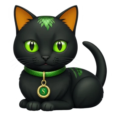 A black cat wearing a green collar with a snake tag  sticker