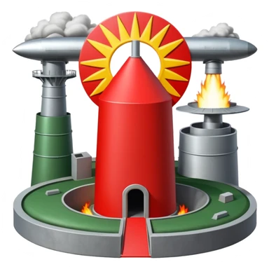 green landscape with sun in top of the background, there is a grey missile silo hatch open, and the top two thirds of a white nuclear missile launching out of the silo is shown sticker