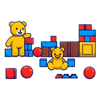 scattered children's toys on floor - teddy bear, rubber duck, blocks, ball, action figures sticker