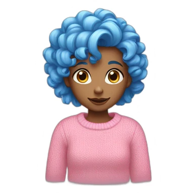 A girl, with curly blue hair, blue eyes, wearing a pink sweater. sticker