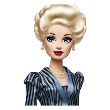 1920s Blonde Silkstone Marie Antoinette Barbie enid sinclair from academy in a blue and black vertically-striped classic dress. riding hot rod bikes with crows sticker