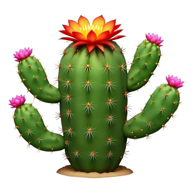Cinematic Realistic Cactus Emoji, Tall and spiny, with thick, rounded stems covered in sharp spines. Bright flowers bloom at the tips of some branches, adding a pop of color against the desert backdrop. Soft glowing outline, capturing the essence of strength, survival, and desert beauty in a striking cactus! sticker
