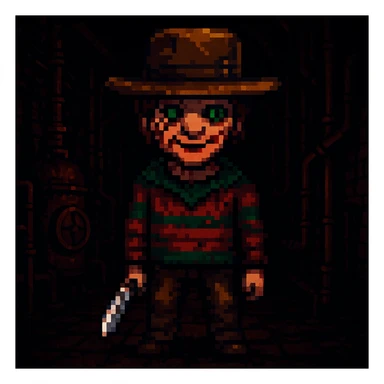 Add a spooky, nightmarish background with a boiler room and dark shadows behind Freddy Krueger, keep pixel art style sticker