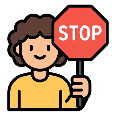 brunette person with curly hair holding a stop sign, color outline icon sticker