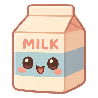 chibi sticker-style milk carton with a smiling face, cute and exaggerated sticker