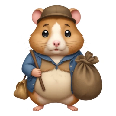 Fat cartoon-style hamster hobo carrying a bindle over its shoulder with a sad expression. sticker