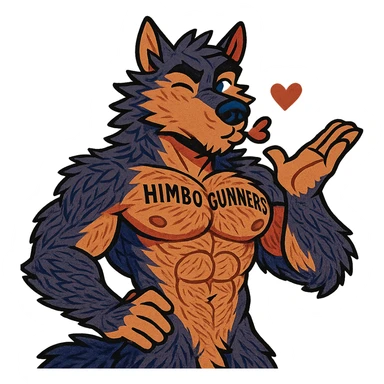 very muscular wolf furry, shirtless, with 'Himbo Gunners' tattooed on his pecs, blowing a kiss and winking, playful and confident expression, extremely detailed fur and anatomy, ultra high quality sticker