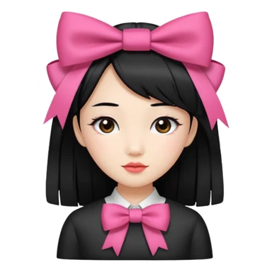 Asian girl with straight black hair and coquette bow on hair sticker