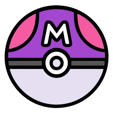 Minimalist icon of a Master Ball, flat design, purple and pink color scheme, white 'M' on top, transparent background sticker