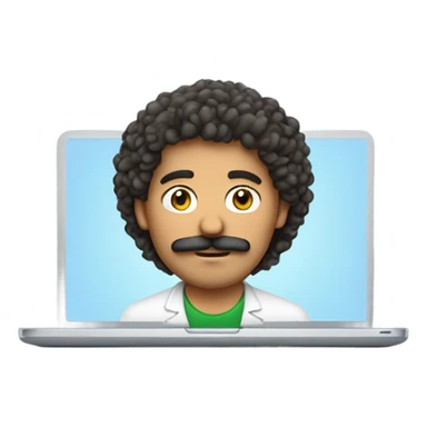 no glasses, Mexican school IT technician with apple laptop and with curly hair and mustache and beard  sticker