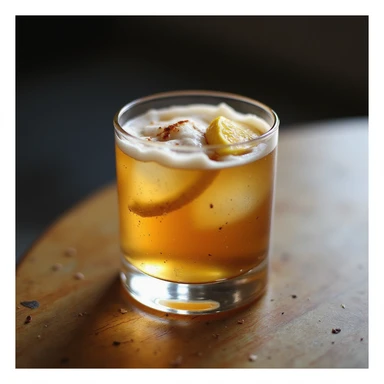 realistic whiskey sour cocktail in rocks glass with lemon slice and frothy top, photorealistic style sticker