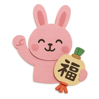 pink bunny holding lucky charm and pumping fist, paper-craft style sticker
