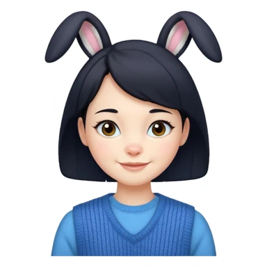 make a girl hair short black and wear bunny skin pale ok and wear Sweater vests blue and make little bit a younger sticker