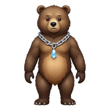 Very dark brown bear in full body view on all four legs, highly realistic fur texture, serious expression, full-length view with ice chain around neck sticker