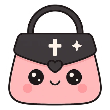 white and black gothic purse, kawaii style, big eyes, smiling, cartoonish, playful, minimal gothic symbols sticker