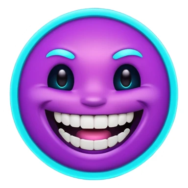 futuristic glowing emoji face laughing wide with glowing teeth, purple and cyan neon light, dark background sticker