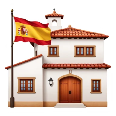 Traditional Spanish hacienda with white walls, terracotta roof, with Spanish flag (red-yellow-red horizontal stripes) hanging prominently from the front sticker
