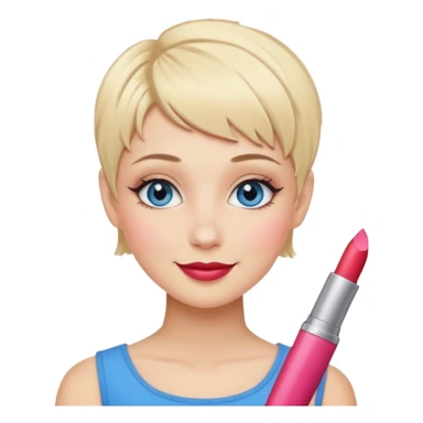 smiling blond girl with pixie cut, blue eyes, makeup, no baguette sticker