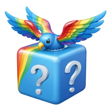 Blue cube with blue wings and has a rainbow question mark sticker