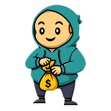 happy thief with a money bag and a big grin sticker