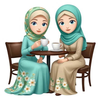 Turkish beautiful finish Konya girls blue eyes with Beautiful light green floral hijab long tail dress and the two friends in a white lovely coffeehouse sits on the chair on the ground and holds cup coffe with her hand  sticker
