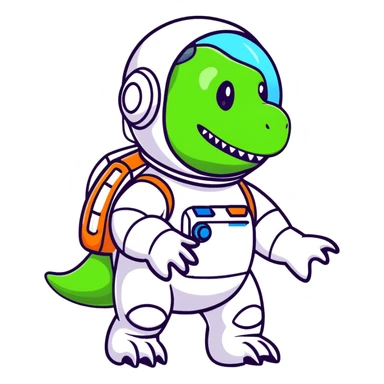 cartoon sticker of a t-rex astronaut waving, stars in background sticker
