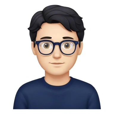 Caucasian male with wavy black hair wearing eyeglasses and a dark navy blue long sleeve pullover sweater sticker