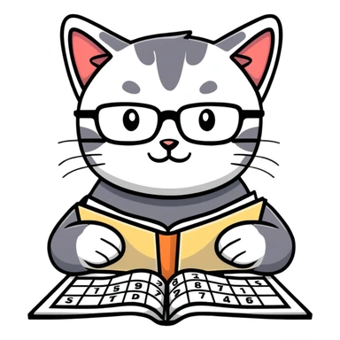cat wearing reading glasses playing sudoku sticker