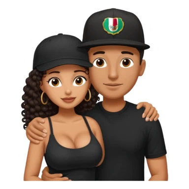 A picture of an embracing tanned couple. the man is a Mexican man with tanned skin, with a bald hair cut wearing a SnapBack hat and a black shirt. the woman wea, with long curly dark brown hair and with big boobs.  sticker